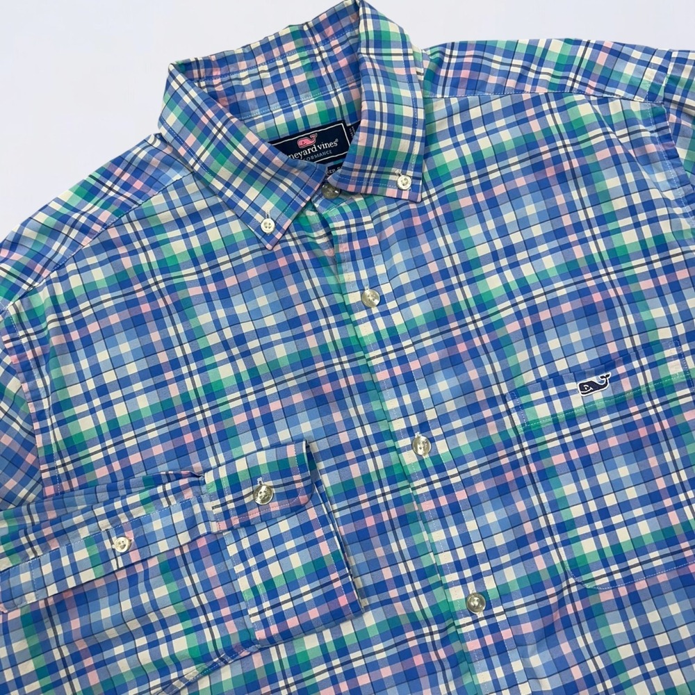 Vineyard Vines Performance Button Down Shirt Mens Medium Blue Plaid Long Sleeve